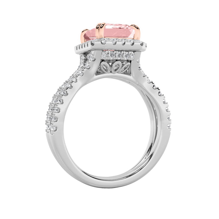 4Cttw Emerald Shaped Lab Grown Diamond (F/VS) Split Shank Halo Engagement Ring in 14K Gold