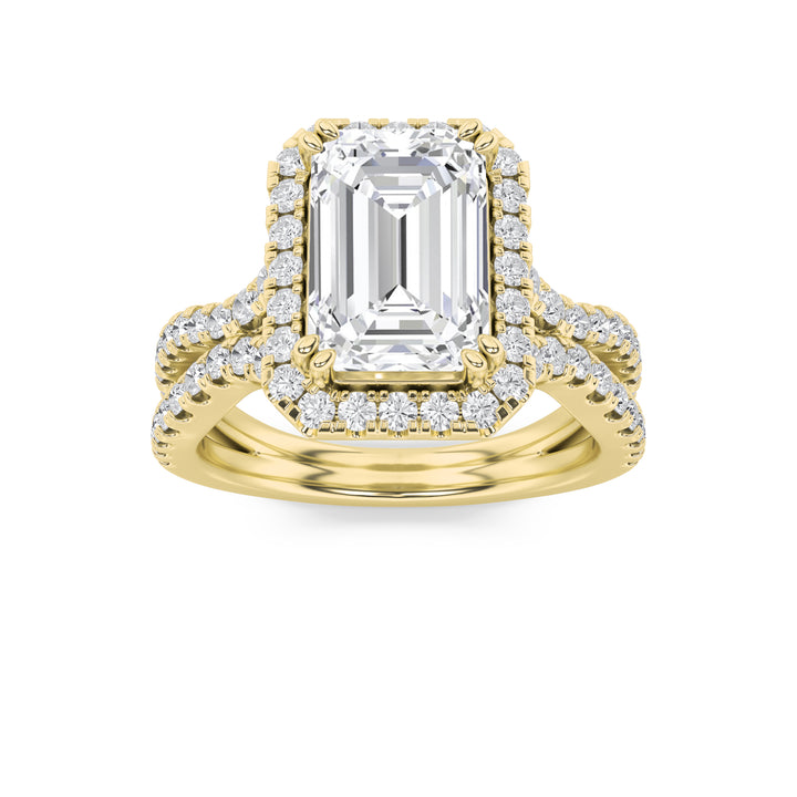 4Cttw Emerald Shaped Lab Grown Diamond (F/VS) Split Shank Halo Engagement Ring in 14K Gold