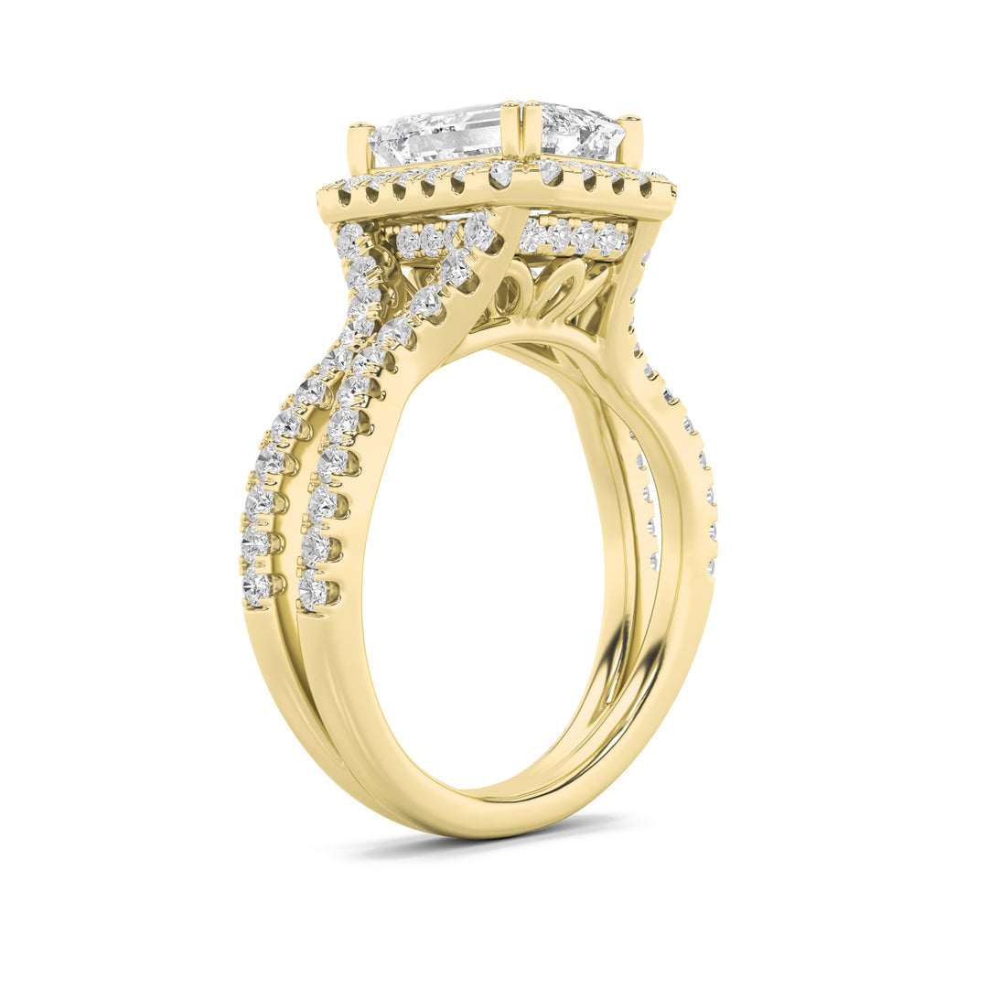4Cttw Emerald Shaped Lab Grown Diamond (F/VS) Split Shank Halo Engagement Ring in 14K Gold