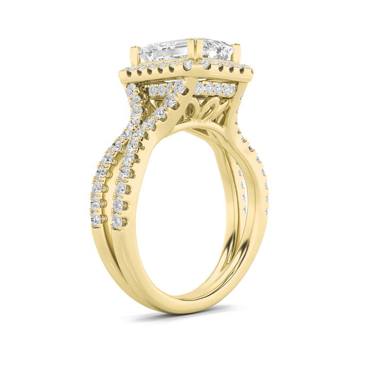 4Cttw Emerald Shaped Lab Grown Diamond (F/VS) Split Shank Halo Engagement Ring in 14K Gold