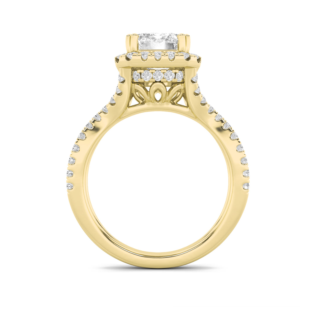 4Cttw Emerald Shaped Lab Grown Diamond (F/VS) Split Shank Halo Engagement Ring in 14K Gold