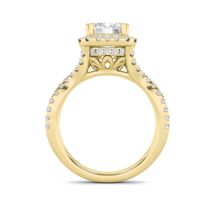 4Cttw Emerald Shaped Lab Grown Diamond (F/VS) Split Shank Halo Engagement Ring in 14K Gold