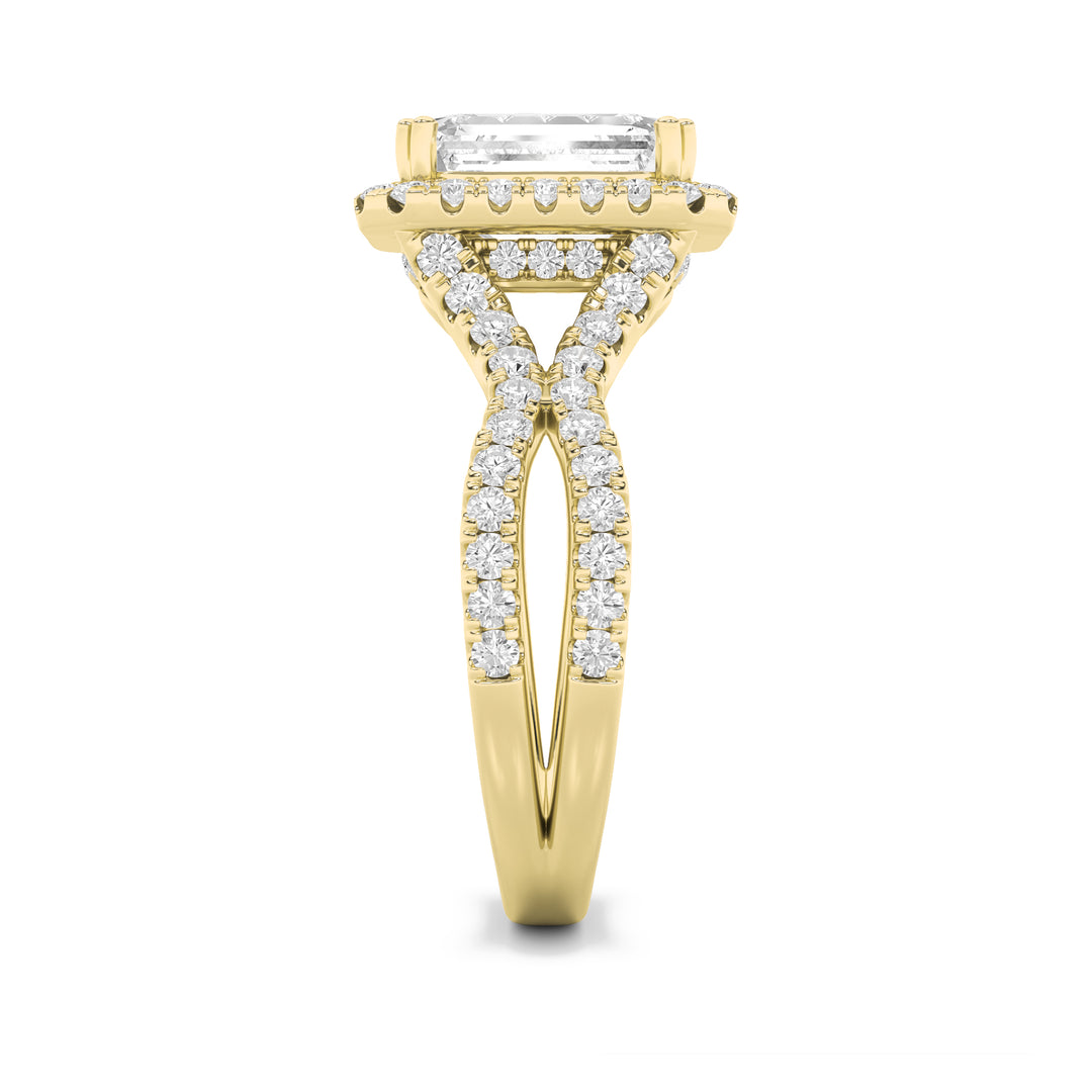 4Cttw Emerald Shaped Lab Grown Diamond (F/VS) Split Shank Halo Engagement Ring in 14K Gold