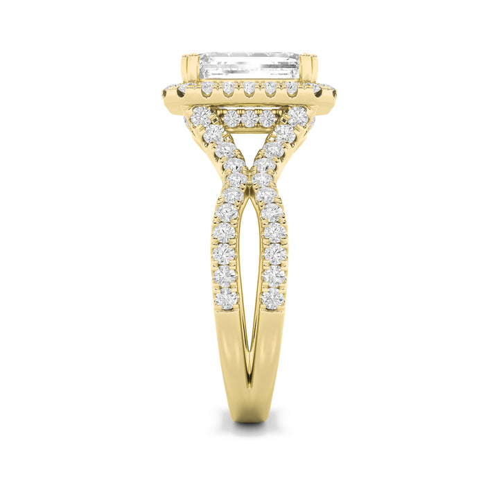 4Cttw Emerald Shaped Lab Grown Diamond (F/VS) Split Shank Halo Engagement Ring in 14K Gold