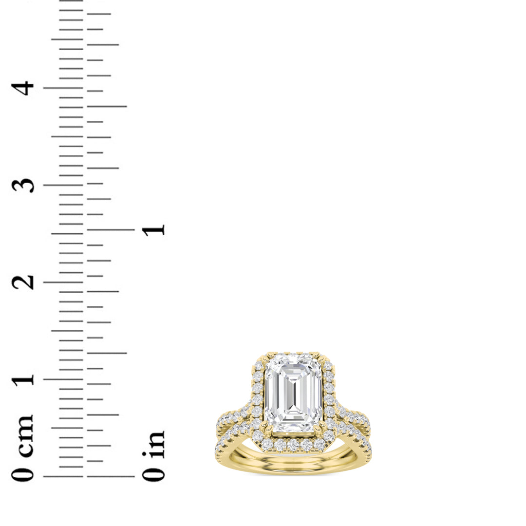 4Cttw Emerald Shaped Lab Grown Diamond (F/VS) Split Shank Halo Engagement Ring in 14K Gold