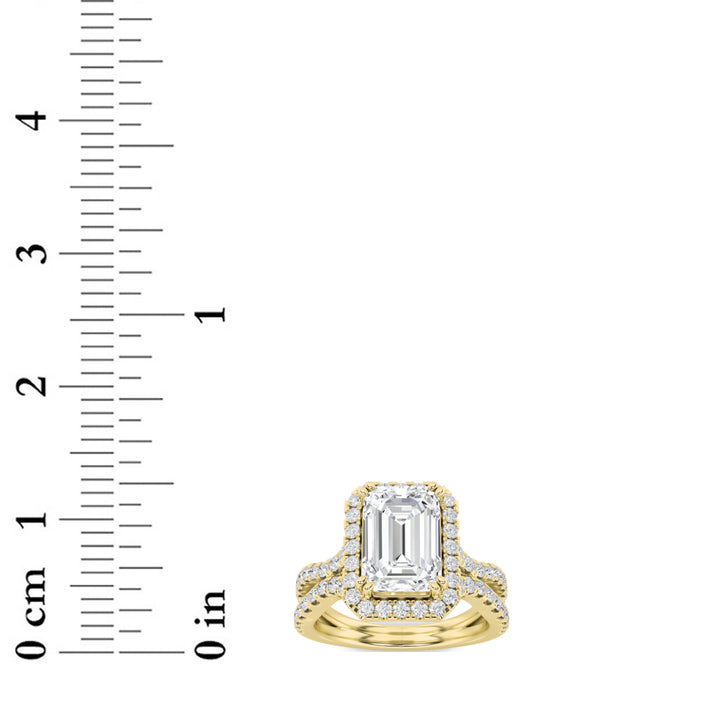 4Cttw Emerald Shaped Lab Grown Diamond (F/VS) Split Shank Halo Engagement Ring in 14K Gold