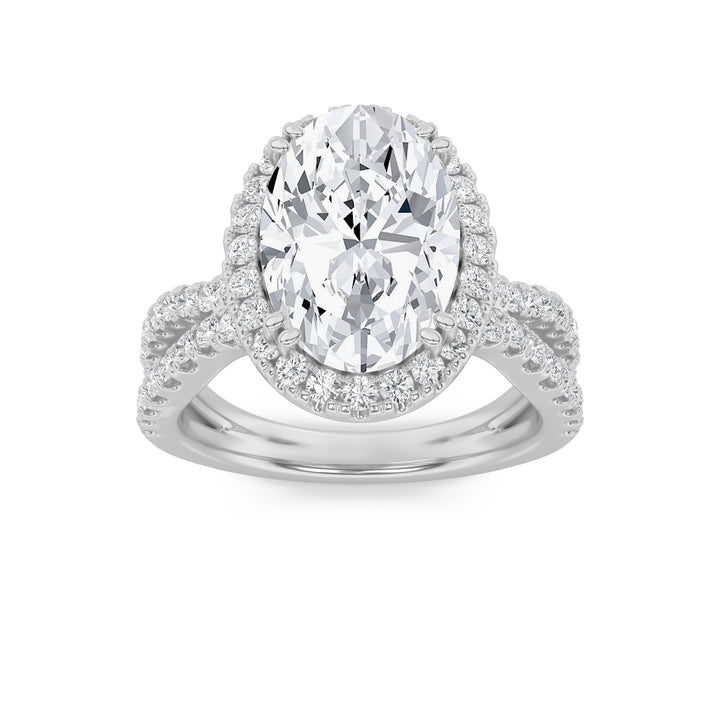4Cttw Oval Shaped Lab Grown Diamond (F/VS) Split Shank Halo Engagement Ring in 14K Gold