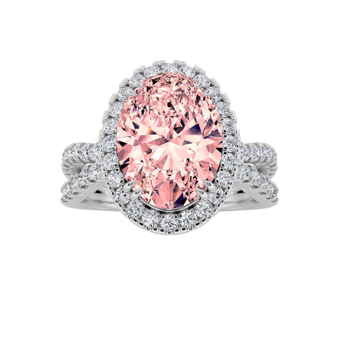 4Cttw Oval Shaped Lab Grown Diamond (F/VS) Split Shank Halo Engagement Ring in 14K Gold