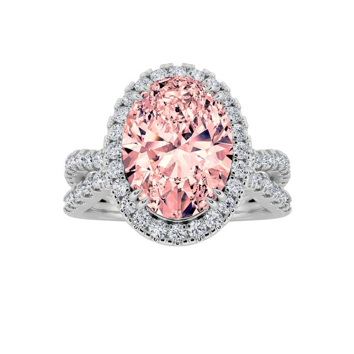 4Cttw Oval Shaped Lab Grown Diamond (F/VS) Split Shank Halo Engagement Ring in 14K Gold