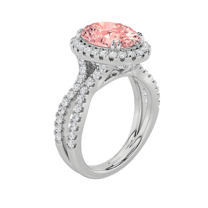 4Cttw Oval Shaped Lab Grown Diamond (F/VS) Split Shank Halo Engagement Ring in 14K Gold