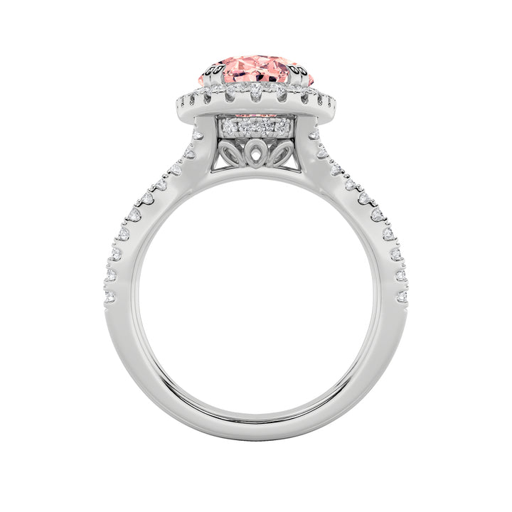 4Cttw Oval Shaped Lab Grown Diamond (F/VS) Split Shank Halo Engagement Ring in 14K Gold