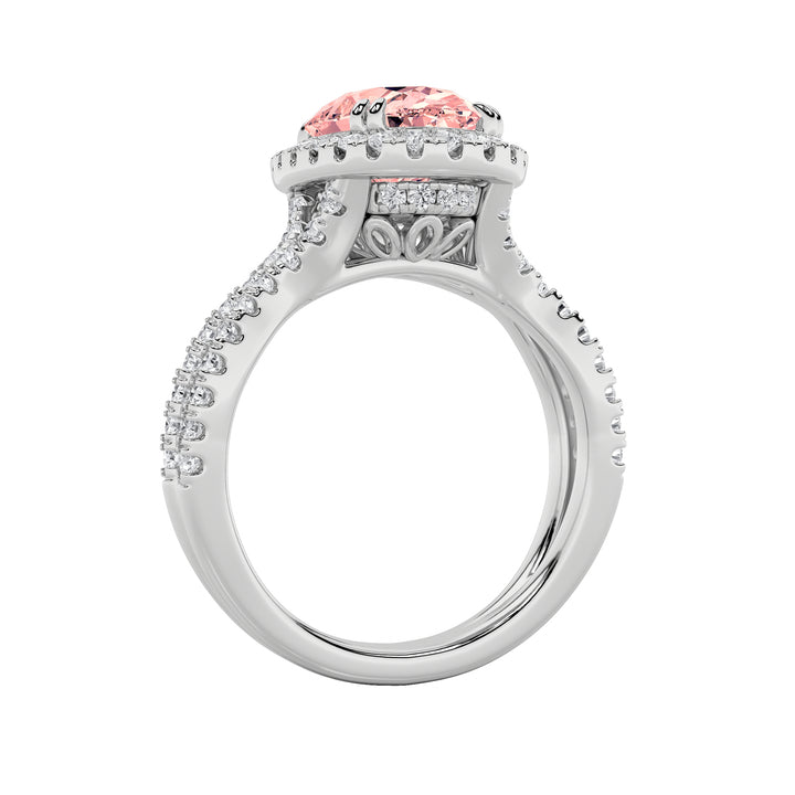 4Cttw Oval Shaped Lab Grown Diamond (F/VS) Split Shank Halo Engagement Ring in 14K Gold