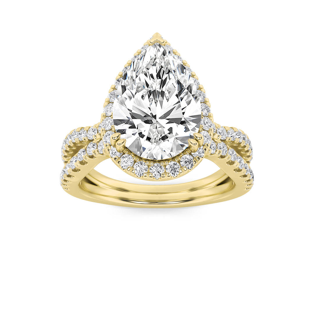 4Cttw Pear Shaped Lab Grown Diamond (G/VS) Split Shank Halo Engagement Ring in 14K Gold