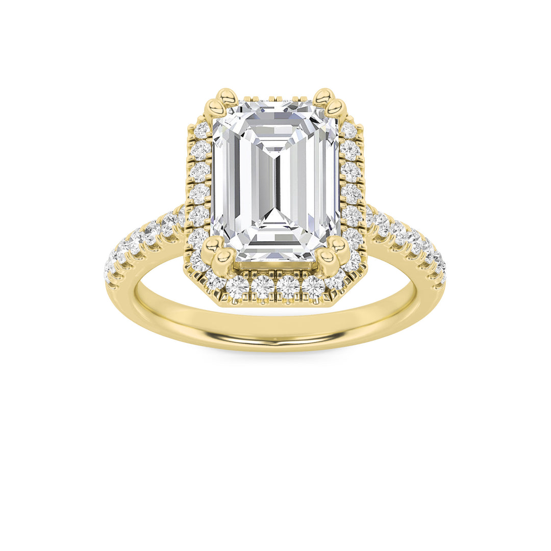 3Cttw Emerald Shaped Lab Grown Diamond (F/VS) Classic Halo Accented Engagement Ring in 14K Gold