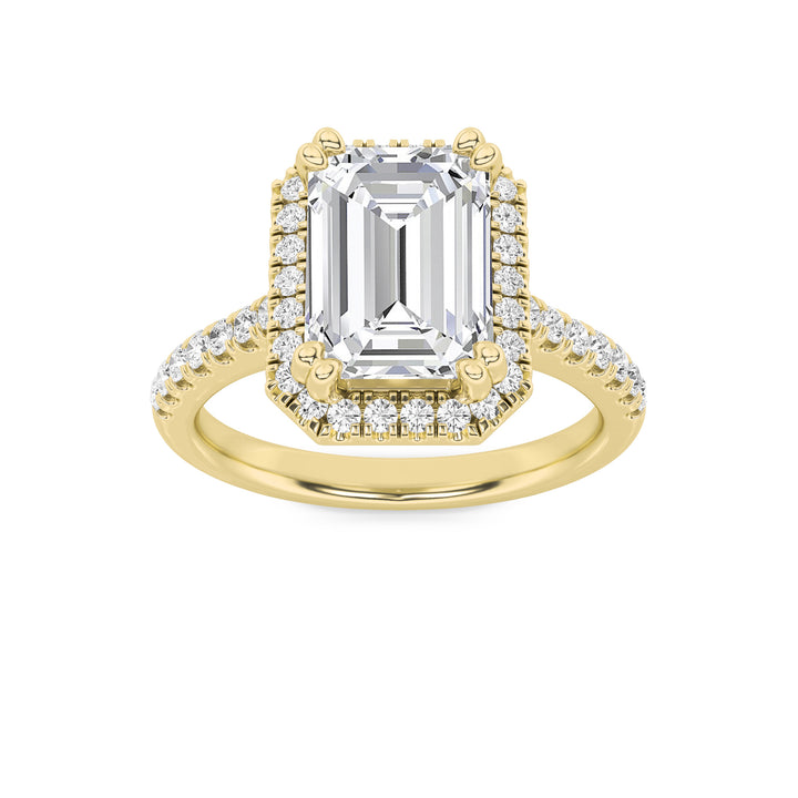 3Cttw Emerald Shaped Lab Grown Diamond (F/VS) Classic Halo Accented Engagement Ring in 14K Gold