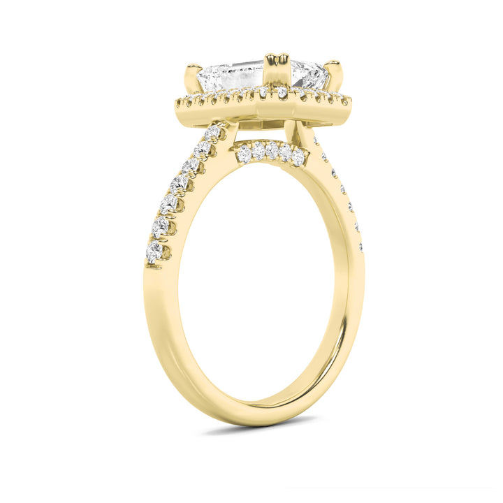 3Cttw Emerald Shaped Lab Grown Diamond (F/VS) Classic Halo Accented Engagement Ring in 14K Gold