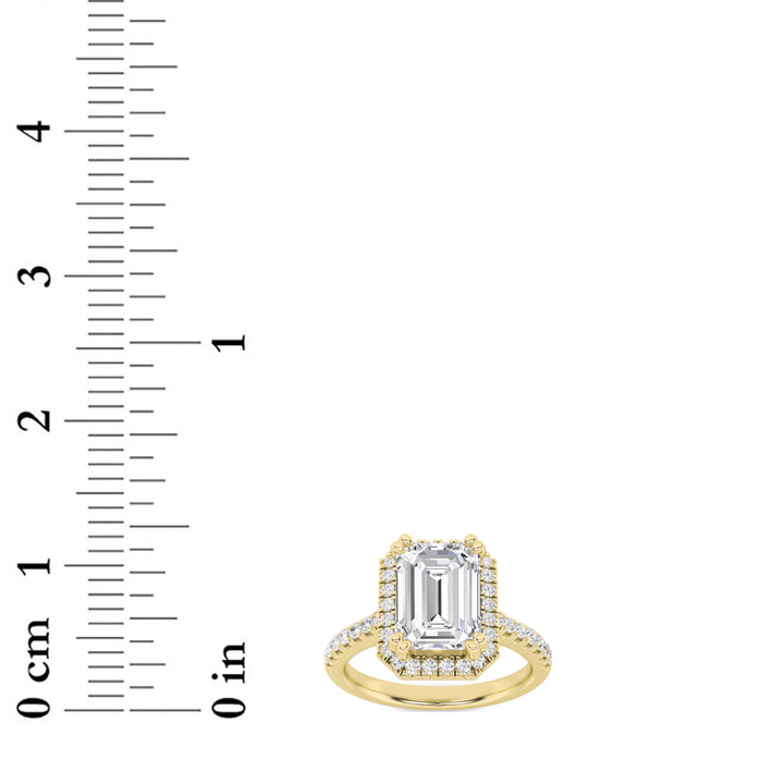 3Cttw Emerald Shaped Lab Grown Diamond (F/VS) Classic Halo Accented Engagement Ring in 14K Gold