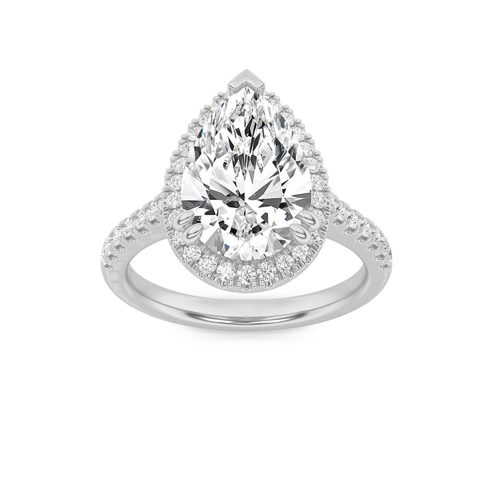 3Cttw Pear Shaped Lab Grown Diamond (F/VS) Classic Halo Accented Engagement Ring in 14K Gold