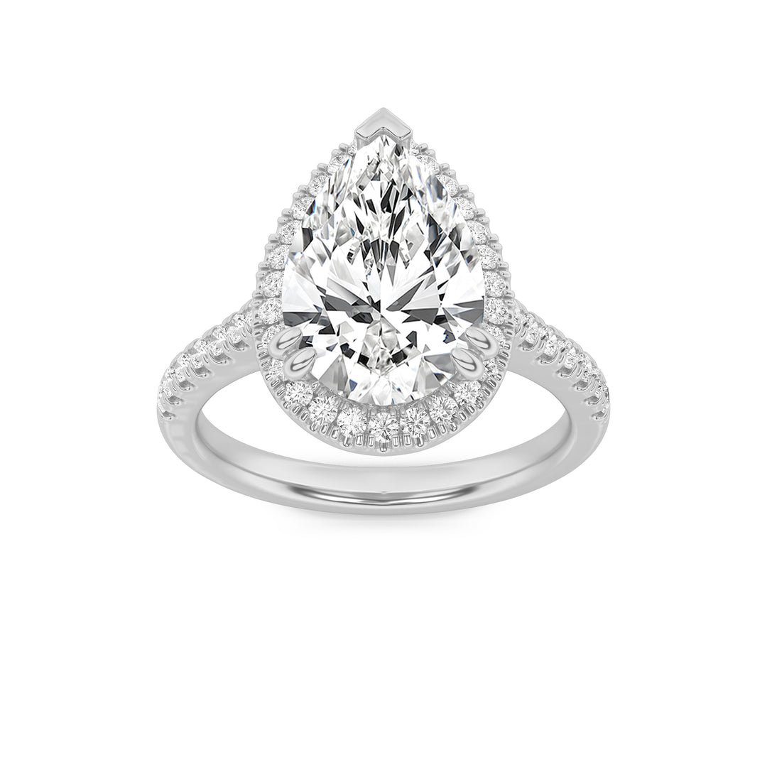 3Cttw Pear Shaped Lab Grown Diamond (F/VVS) Classic Halo Accented Engagement Ring in 14K Gold
