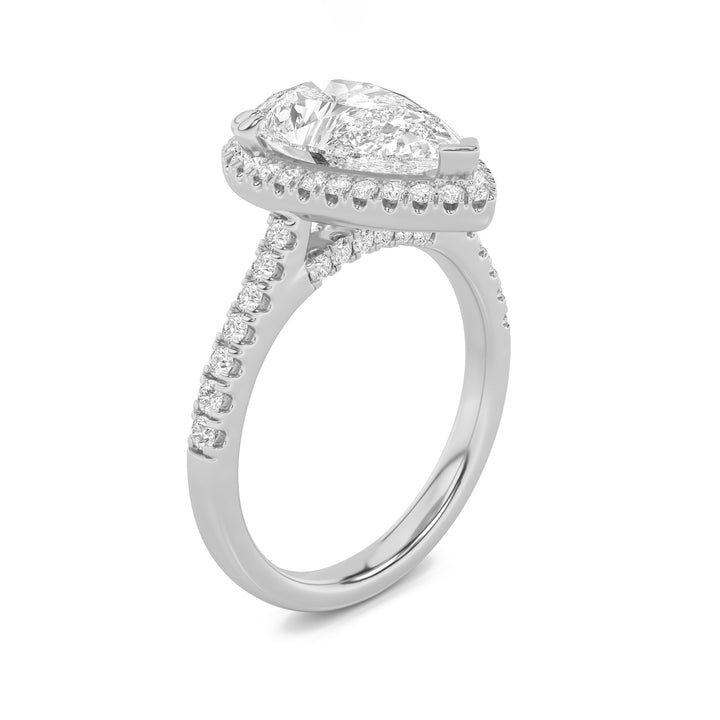 3Cttw Pear Shaped Lab Grown Diamond (F/VVS) Classic Halo Accented Engagement Ring in 14K Gold