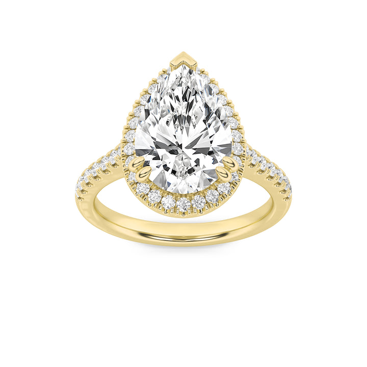 3Cttw Pear Shaped Lab Grown Diamond (F/VS) Classic Halo Accented Engagement Ring in 14K Gold
