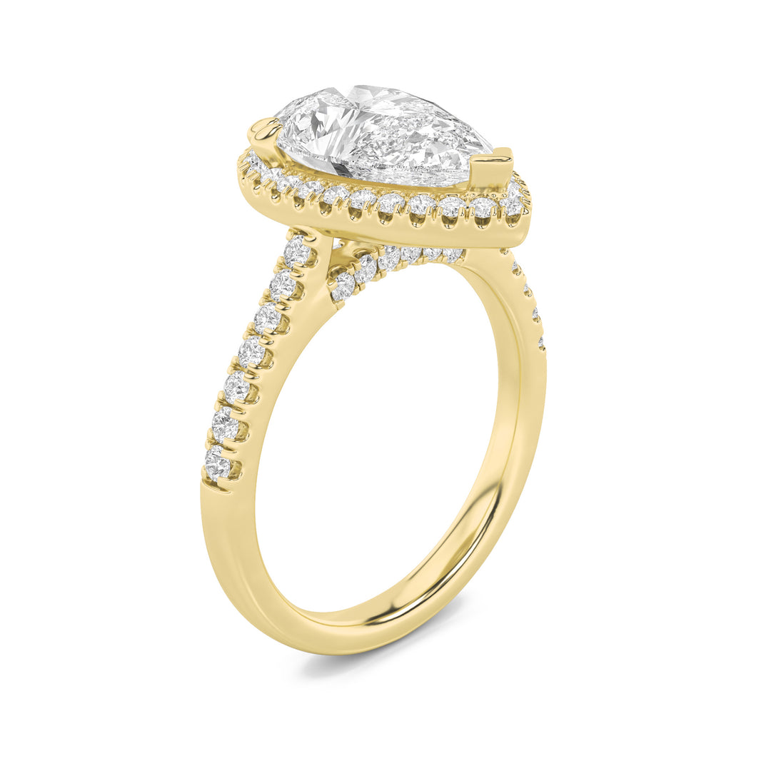 3Cttw Pear Shaped Lab Grown Diamond (F/VS) Classic Halo Accented Engagement Ring in 14K Gold