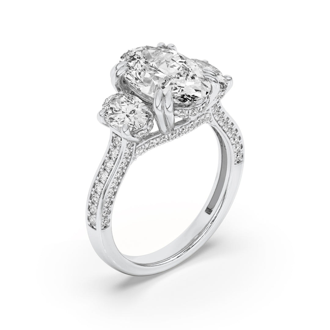 3Cttw Oval Shaped Lab Grown Diamond (F/VS) Three Stone Accented Engagement Ring in 14K Gold