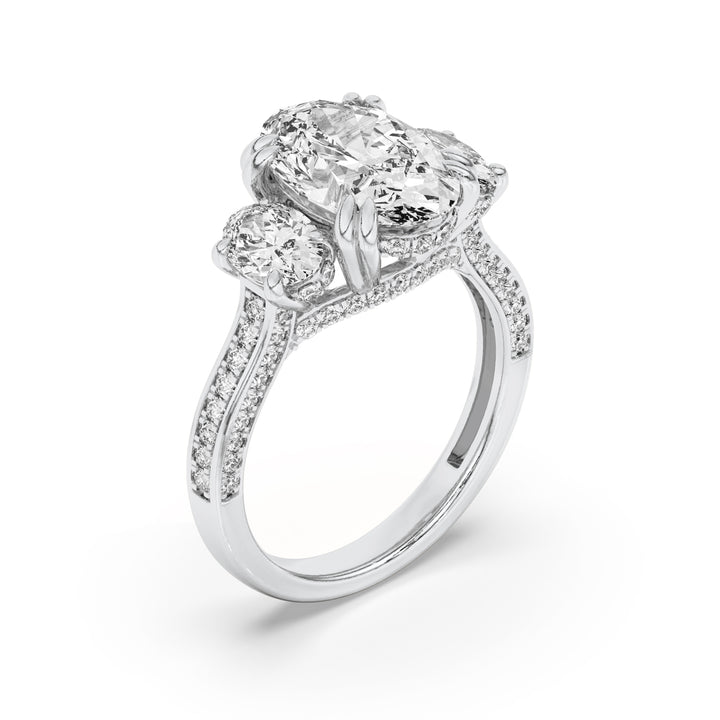 3Cttw Oval Shaped Lab Grown Diamond (F/VS) Three Stone Accented Engagement Ring in 14K Gold
