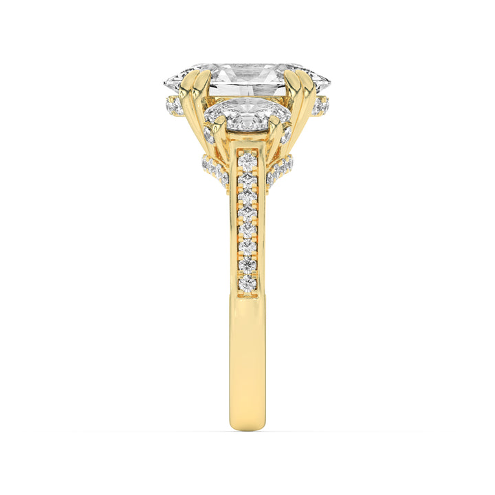 5Cttw Oval Shaped Lab Grown Diamond (F/VS) Three Stone Accented Engagement Ring in 14K Gold