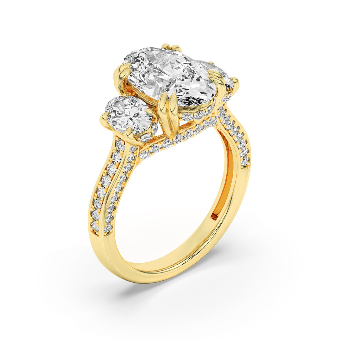 5Cttw Oval Shaped Lab Grown Diamond (G/VS) Three Stone Accented Engagement Ring in 14K Gold