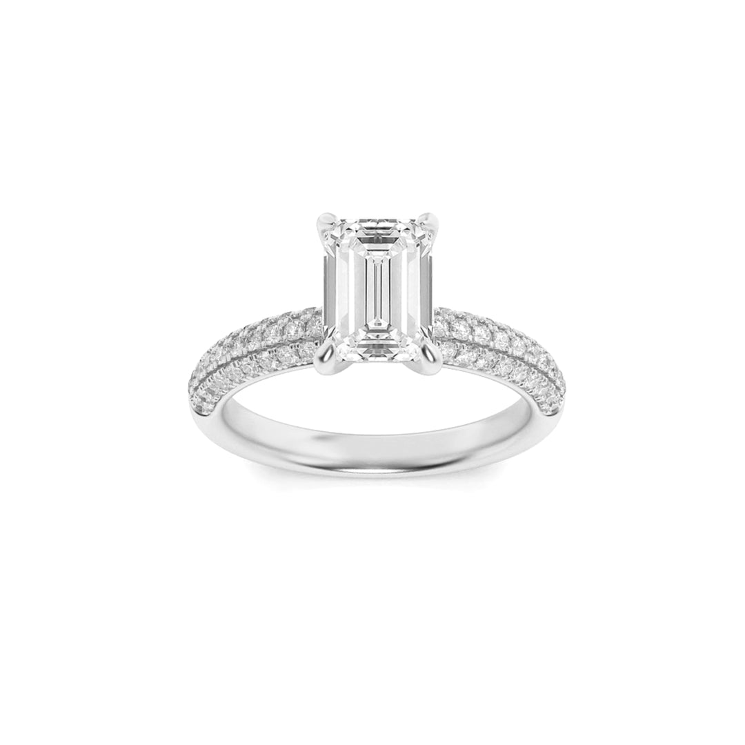 1.5CTW Emerald Shaped Lab Grown Diamond (G/VS) Three Row Micro Pave Engagement Ring in 14K Gold