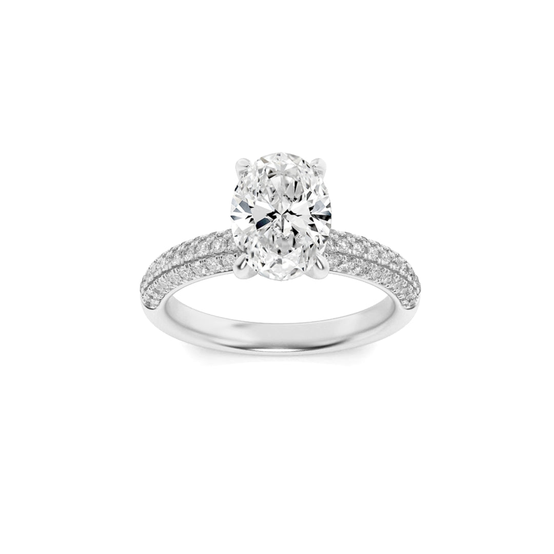 1.5CTW Oval Shaped Lab Grown Diamond (F/VS) Three Row Micro Pave Engagement Ring in 14K Gold