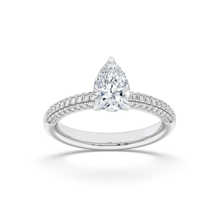 1.5CTW Pear Shaped Lab Grown Diamond (F/VS) Three Row Micro Pave Engagement Ring in 14K Gold