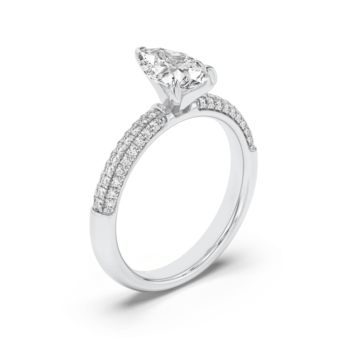 1.5CTW Pear Shaped Lab Grown Diamond (F/VS) Three Row Micro Pave Engagement Ring in 14K Gold