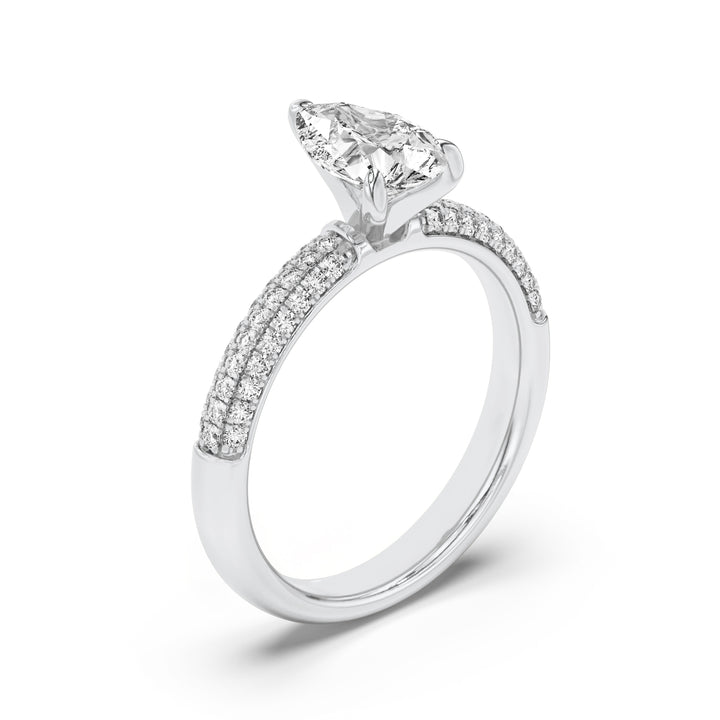 1.5CTW Pear Shaped Lab Grown Diamond (F/VS) Three Row Micro Pave Engagement Ring in 14K Gold
