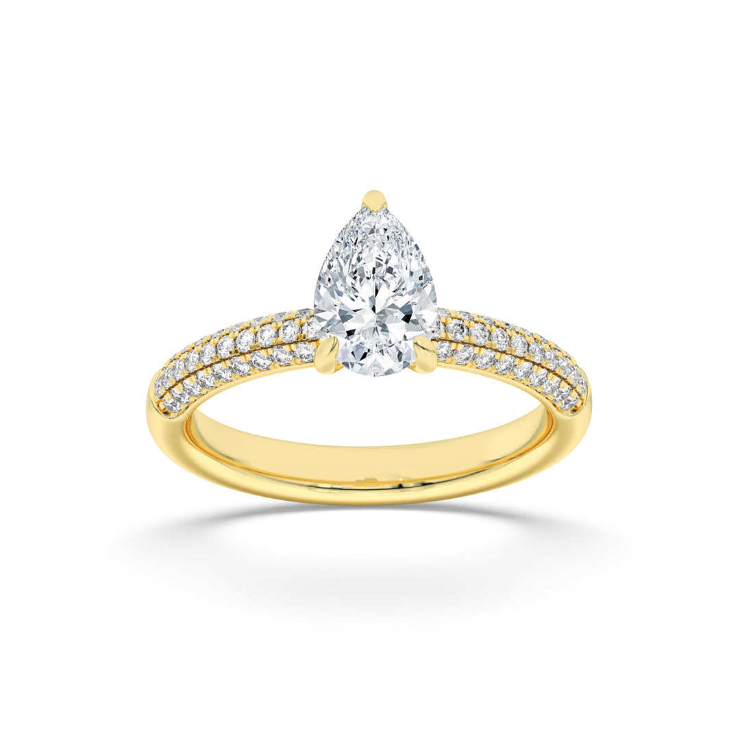 1.5CTW Pear Shaped Lab Grown Diamond (F/VS) Three Row Micro Pave Engagement Ring in 14K Gold