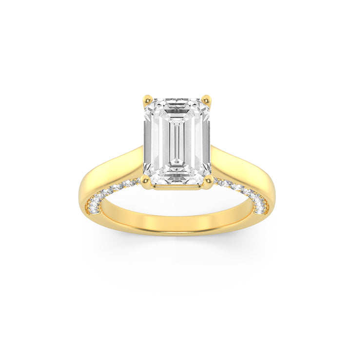 2Cttw Emerald Shaped Lab Grown Diamond (G/VS) Accented Bridge Shank Engagement Ring in 14K Gold