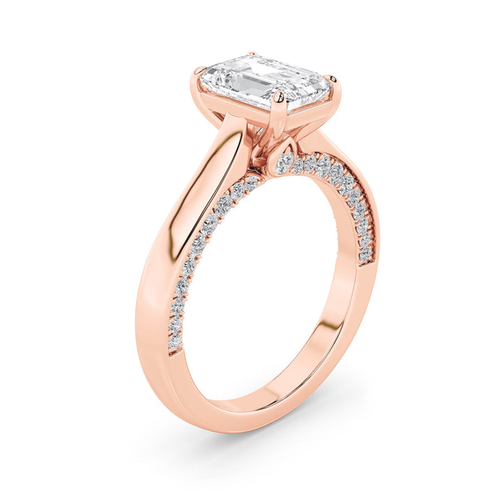 2Cttw Emerald Shaped Lab Grown Diamond (G/VS) Accented Bridge Shank Engagement Ring in 14K Gold