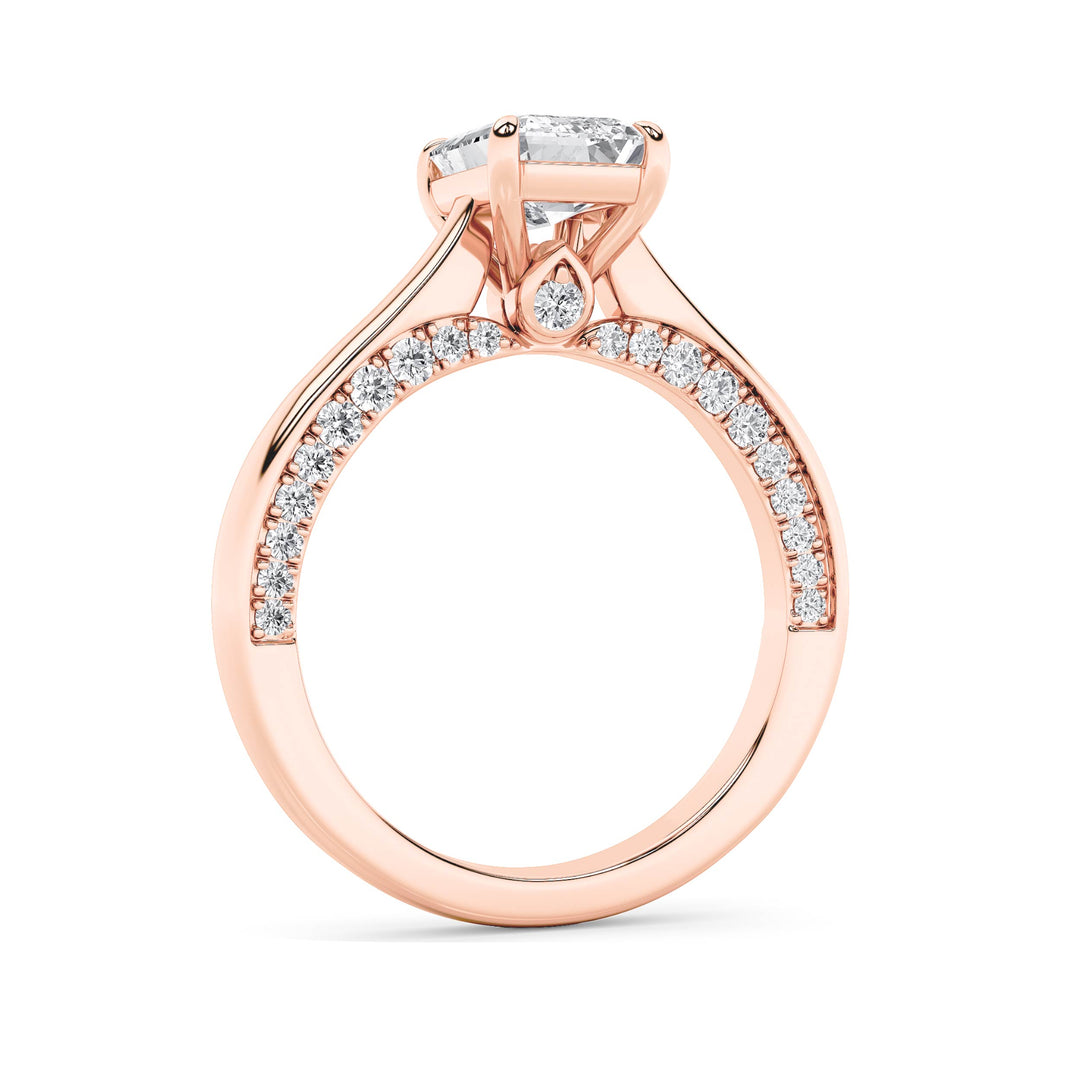2Cttw Emerald Shaped Lab Grown Diamond (G/VS) Accented Bridge Shank Engagement Ring in 14K Gold