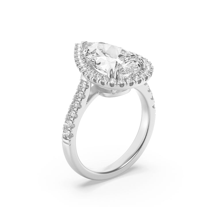 3Cttw Pear Shaped Lab Grown Diamond (F/VS) Bolld Accented Halo Engagement Ring in 14K Gold