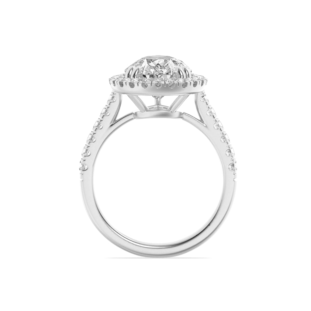 3Cttw Pear Shaped Lab Grown Diamond (F/VS) Bolld Accented Halo Engagement Ring in 14K Gold