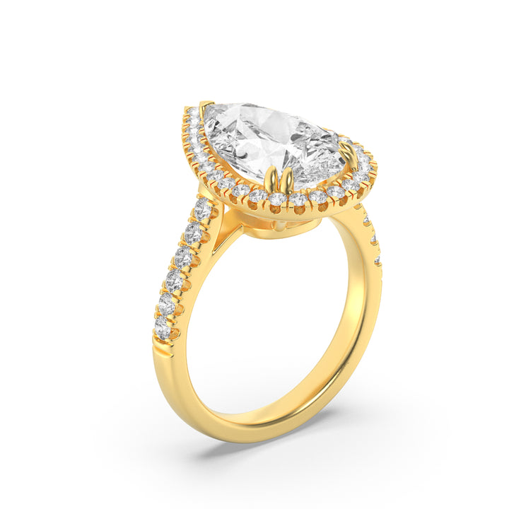 3Cttw Pear Shaped Lab Grown Diamond (F/VS) Bolld Accented Halo Engagement Ring in 14K Gold