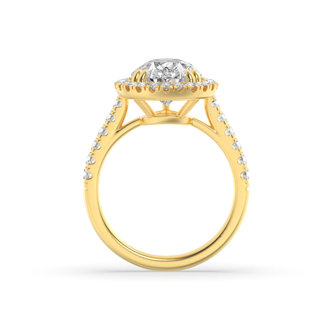 3Cttw Pear Shaped Lab Grown Diamond (F/VS) Bolld Accented Halo Engagement Ring in 14K Gold
