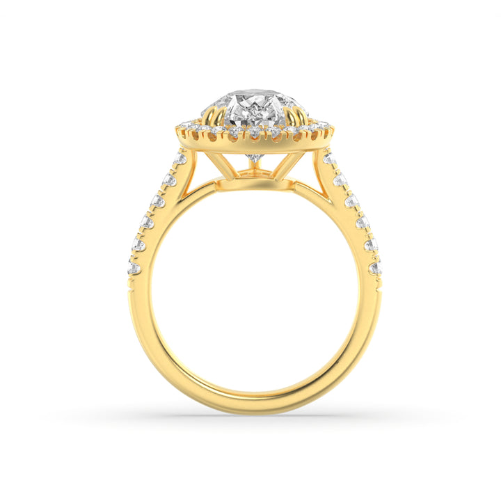 3Cttw Pear Shaped Lab Grown Diamond (F/VS) Bolld Accented Halo Engagement Ring in 14K Gold