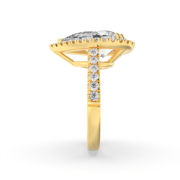3Cttw Pear Shaped Lab Grown Diamond (F/VS) Bolld Accented Halo Engagement Ring in 14K Gold