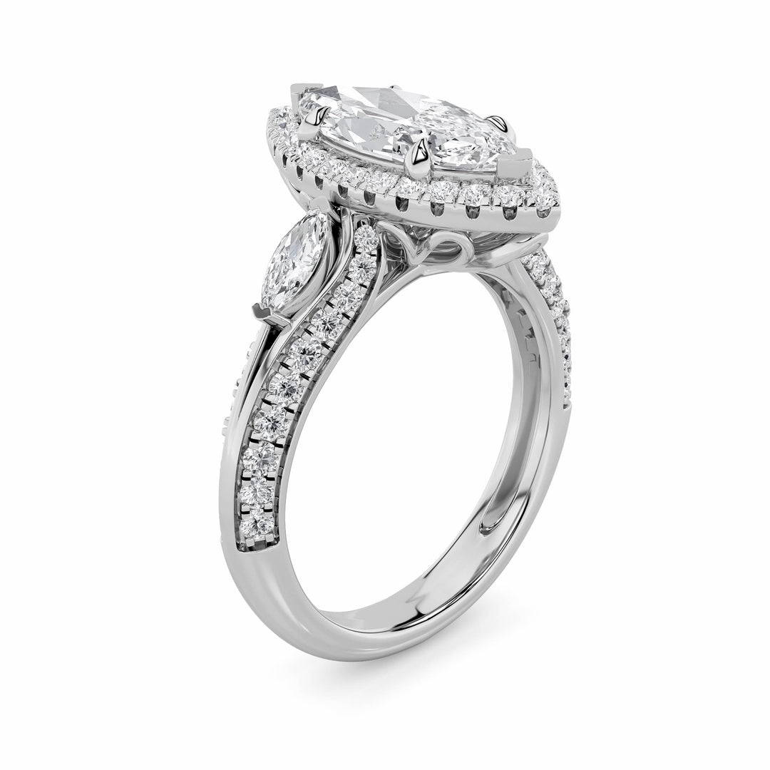 3Cttw Marquise Shaped Lab Grown Diamond (F/VS) Three Stone Halo Enagement Ring in 14K Gold