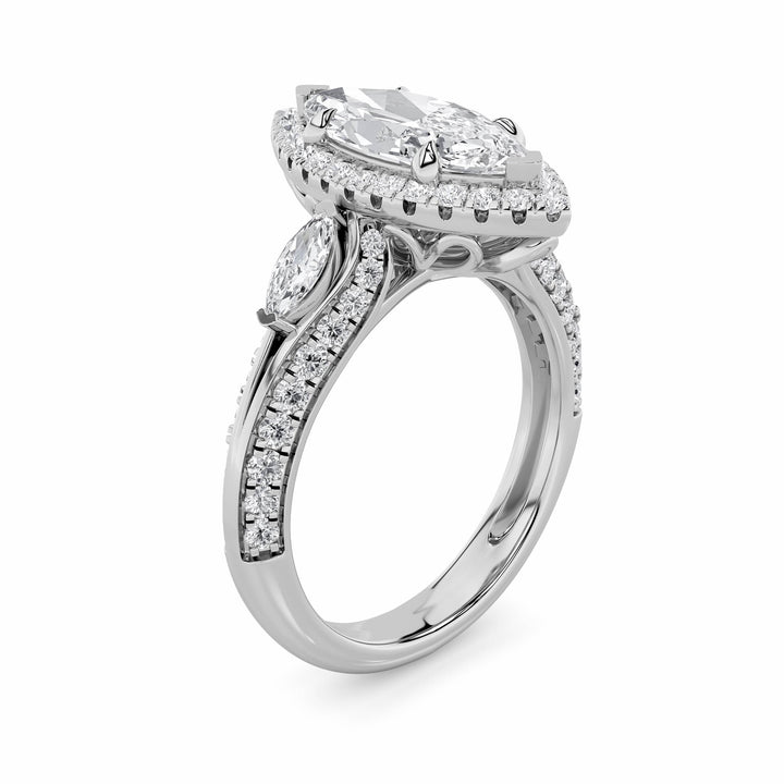 3Cttw Marquise Shaped Lab Grown Diamond (F/VS) Three Stone Halo Enagement Ring in 14K Gold