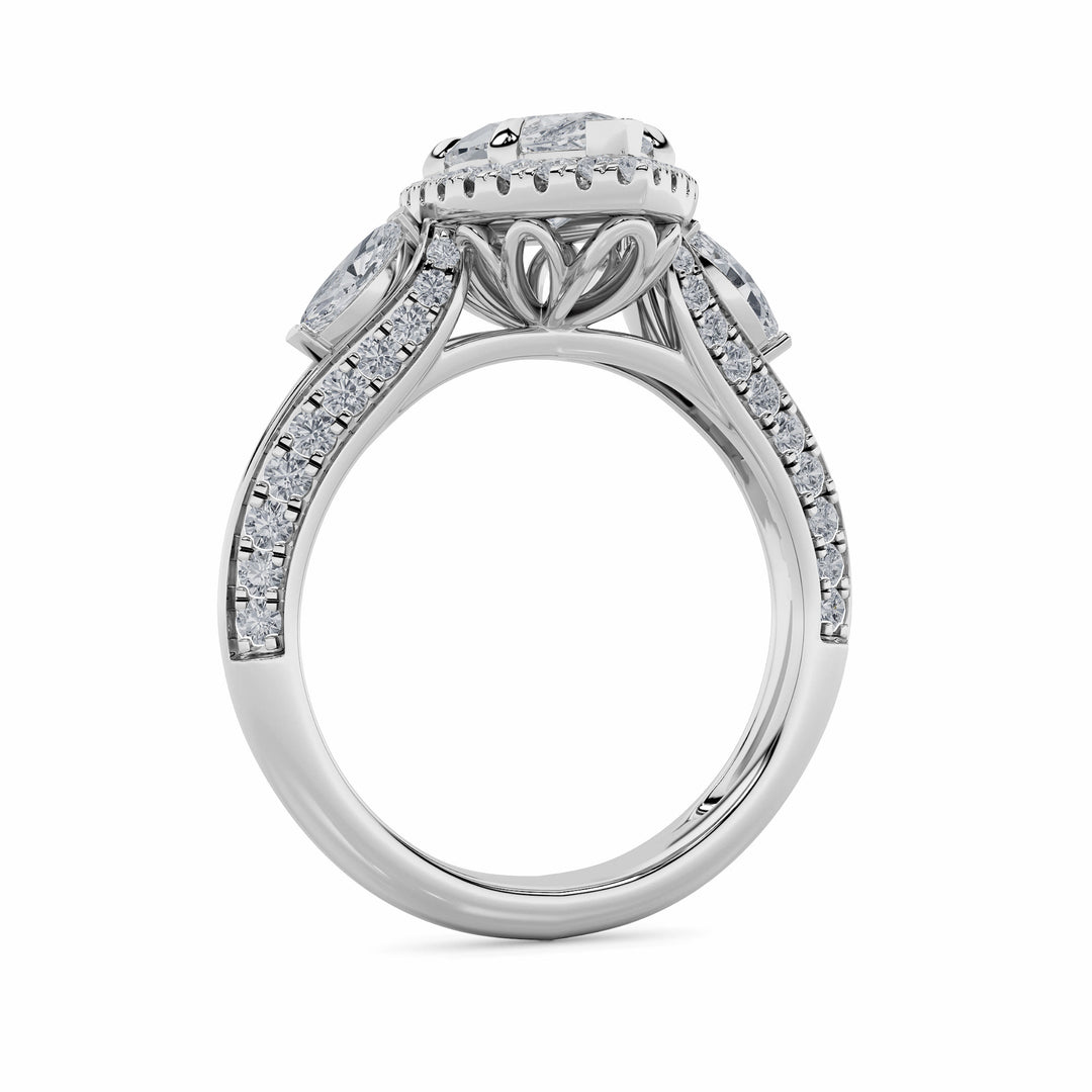 3Cttw Marquise Shaped Lab Grown Diamond (F/VS) Three Stone Halo Enagement Ring in 14K Gold