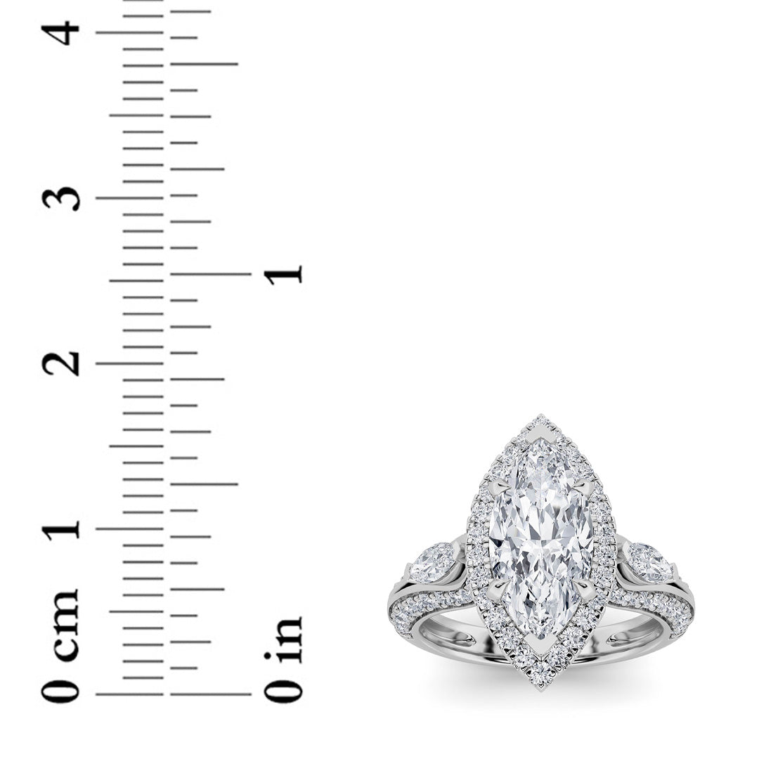 3Cttw Marquise Shaped Lab Grown Diamond (F/VS) Three Stone Halo Enagement Ring in 14K Gold
