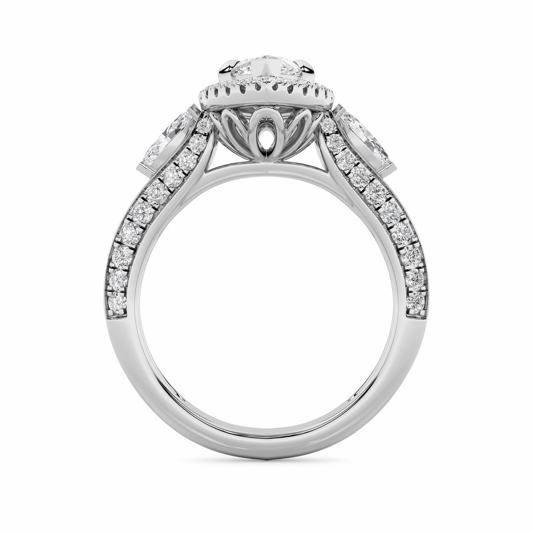 3Cttw Marquise Shaped Lab Grown Diamond (G/VS) Three Stone Halo Enagement Ring in 14K Gold